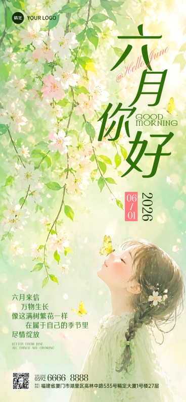 月初问候正能量语录绿色清新梦幻感通用全屏竖版海报预览效果