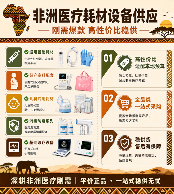 设计一张可直接印刷使用的180*200cm易拉宝，非洲特色风格，整体简洁专业。顶部主标题："非洲医疗耗材设备供应"，副标题："刚需爆款 高性价比稳供"。左侧展示核心主营产品：
✅ 通用基础耗材：一次性预览效果