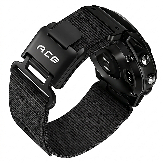 [主图 1] Nylon Watch Strap product main image, pure white background (#FFFFFF). Black high-quality nylon woven watch strap with magnetic buckle installed on a smartwatch, product centered and occupies 85% of the frame. [Atmosphere style] Professional product photography, outdoor tough guy style for fitness and sports. [Image quality] Commercial photography texture, soft and transparent light, clear and real product, clean and high-class picture. [Elements] Keep the product appearance (physical structure, material texture, color) absolutely consistent with the input product image, eliminate any deformation and color difference, fine processing. Product subject occupies 85% of the picture, full screen without border. [Light and shadow] Soft studio even light, main light bright, auxiliary light fills shadow, clear outline, no harsh shadow, high transparency and no haze. [Color matching] Main color pure white background, secondary color black nylon, metal buckle silver, high contrast. [Perspective composition] 45-degree overlook, centered composition, product complete without cutting, clear layers. [Text layout] No additional text marketing information, only product itself. [Proportion resolution] 1:1 ratio, 2k resolution, ultra HD. [Negative prompt] Deformation, watermark, text disorder, blurred product image, messy background, any marketing text, non-product logo.