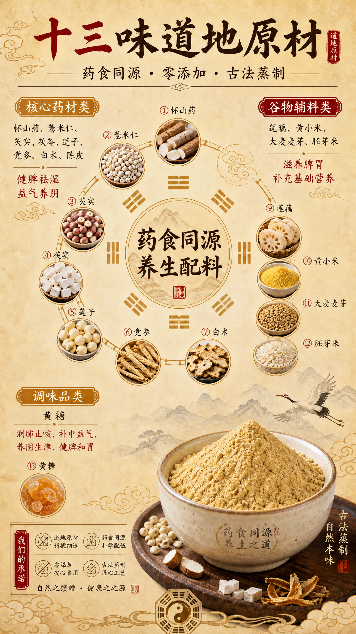 在保持原图整体道系风格、米黄宣纸背景、十三味道地原材布局、所有… - 图片创意预览