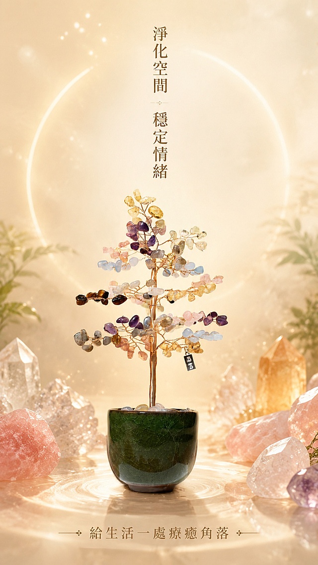 [第5屏] 能量疗愈主题-水晶发财树疗愈能量表达。本屏使用【图1】作为商品主体。
[氛围/风格] 宁静疗愈，柔和光晕，空灵自然，传递舒缓情绪氛围。
[元素布局] 商品放置在画面中央，周围环绕柔和的暖光晕效果，背景点缀浅色薄雾和天然水晶原石点缀，主体占比约65%；保留商品原有结构和色彩一致。突出疗愈放松的氛围感。
[光影质感] 中心柔光向外扩散，水晶折射光线增加通透感，整体光影柔和不刺眼。
[配色色系] 全局底色 #f0eae2，主色柔和米黄，辅助色保留水晶自然色彩。
[视角构图] 正面居中构图，中心聚焦产品，氛围感拉满。
[文字版式] 居中竖排主标题「淨化空間 穩定情绪」，底部副标题「給生活一处療癒角落」，文字为繁体中文，排版优雅不遮挡主体。
[比例分辨率] 9:16 竖版比例，4K 分辨率，文字清晰可辨，高清画质。
[负向提示词] 产品变形，缺件错件，颜色偏差，水印，文字错乱，产品图模糊，结构错误，繁体文字错乱，虚假宣传，夸张文案。