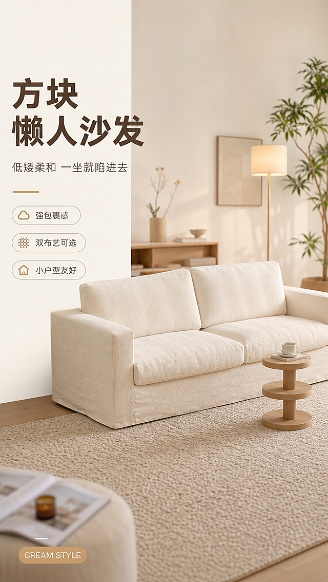 [商品] 使用【图1】简约方块懒人沙发；商品处理：保留方块造型、低矮结构、布艺软包、米白色调、整体比例和缝线结构；自然理顺面料褶皱，增强布艺纹理质感与蓬松感，不改变版型和结构。
[画面] 目标：首屏吸引注意，展示沙发全貌与简约奶油风居家氛围。左文右景竖版构图，左侧约1/3竖列文案区，右侧为客厅lifestyle大场景；产品位于画面中右侧，占画面约55%，微侧视角度；前景浅色地毯，中景沙发+圆形小边几，后景虚化墙面+绿植+暖光落地灯，三层软装营造温馨慵懒午后氛围。
[视觉] 套系策略：风格=简约奶油风亮调商业摄影；标题字=现代无衬线粗体（思源黑体Heavy）；正文字=简洁无衬线体（思源黑体Regular）；主色=米白奶油色；背景延展=基于米白奶油色做深浅层级、同色渐变和细腻织物/哑光墙面质感；强调色=暖驼色，仅用于小面积图标、引线、标签和序号；标题色=深暖棕；正文色=中暖灰；组件=圆角浅底信息卡、细线引线、胶囊形卖点框；光影=左前侧暖柔光，明亮通透，阴影柔和。
[文字] 左侧竖列：主标题「方块懒人沙发」（大字号），副标题「低矮柔和 一坐就陷进去」，下方3条亮点胶囊：「强包裹感」「双布艺可选」「小户型友好」，底部系列角标「CREAM STYLE」。文字不遮挡沙发主体。
[规格] 图片比例9:16竖版，4K分辨率，避免变形、错字、文字过小、冷蓝/冷灰背景、沙发颜色改变、版型失真、极限词。