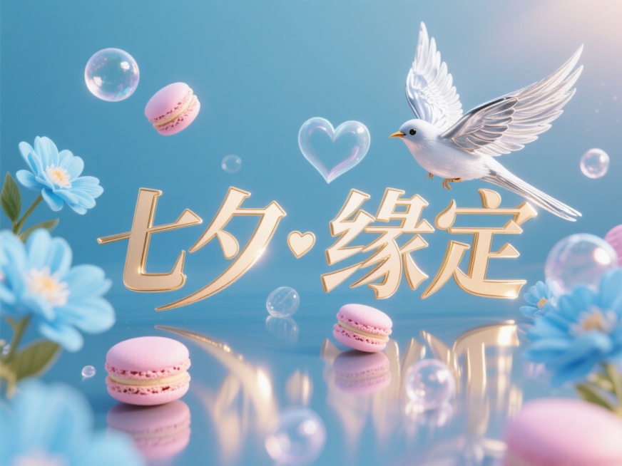 横向金色文字"七夕・缘定"。磨砂金文字 + 马卡龙粉蓝花朵 + 银白喜鹊，喜鹊翅膀由爱心羽毛组成，文字周围漂浮透明气泡（内含迷你花朵）预览效果