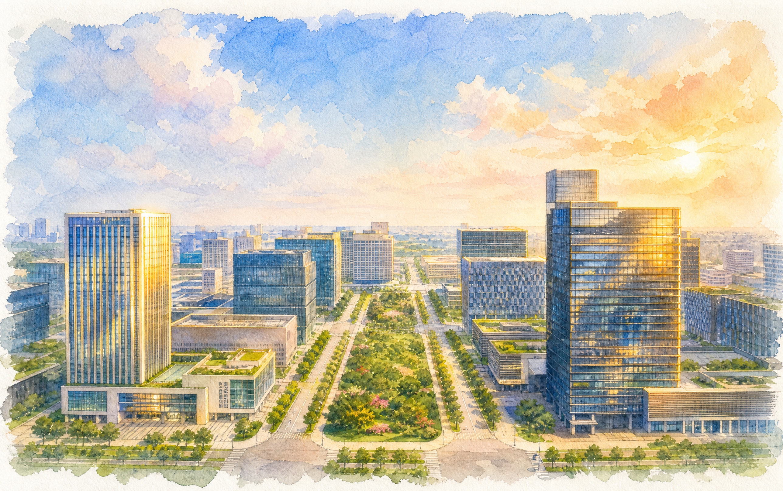 将这张城市中轴线商务区航拍照片转换为手绘水彩插画风格，水彩质感… - 图片创意预览
