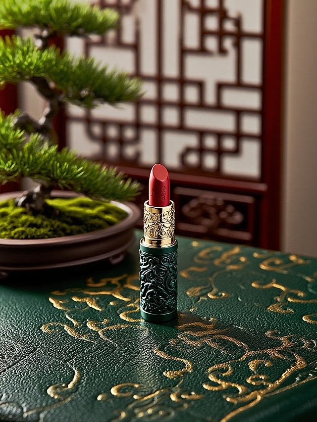 抠出图片主体，保留主体形状，给主体加上国风雕刻纹样。墨绿色+金色花样暗纹的皮质桌面，后景中式屏风和松树盆栽，营造典雅、富有东方韵味的氛氛围；景深效果。