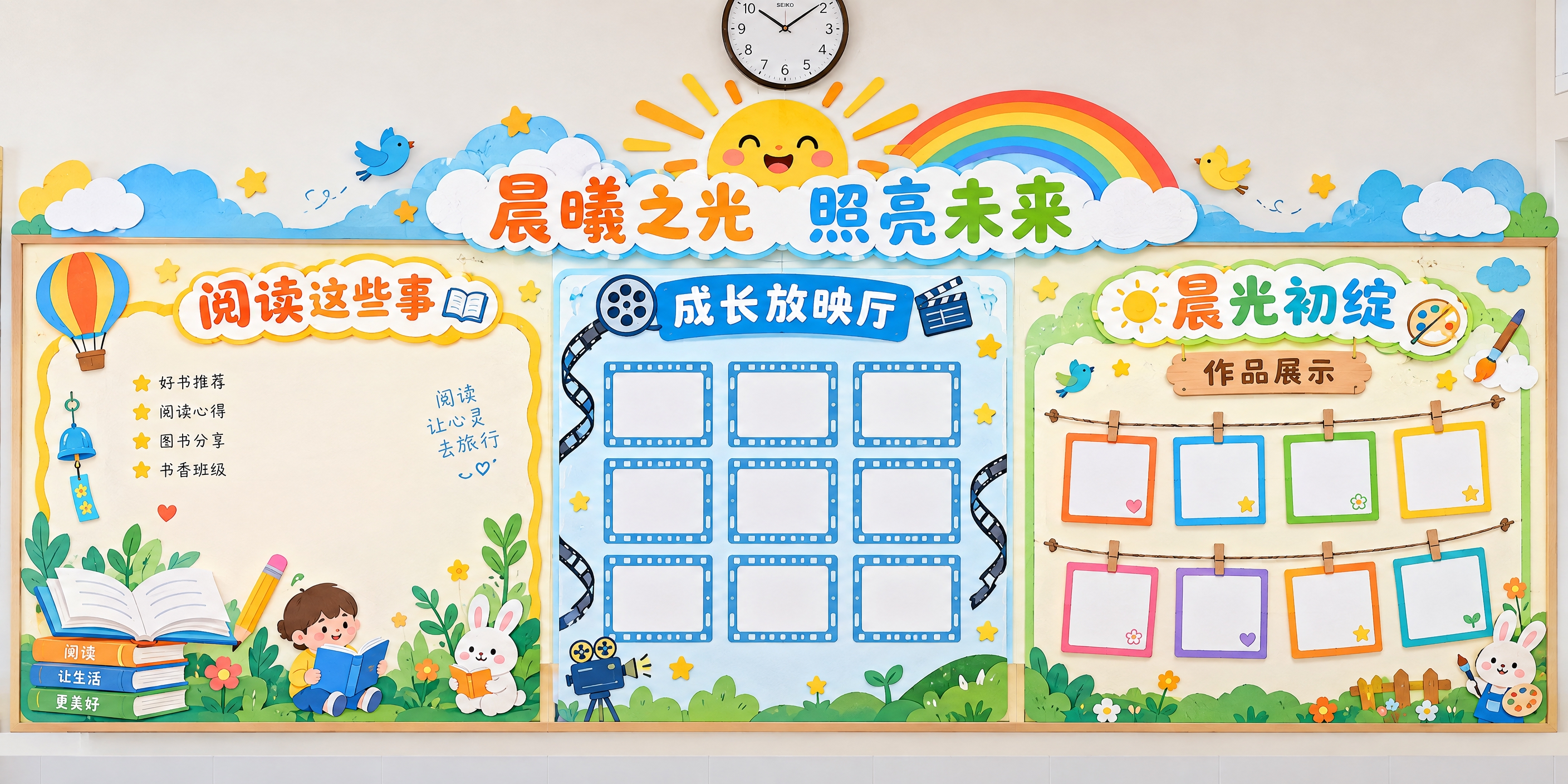 小学教室后面大展板（后黑板公告栏/软木板）正面设计效果图，横向… - 图片创意预览