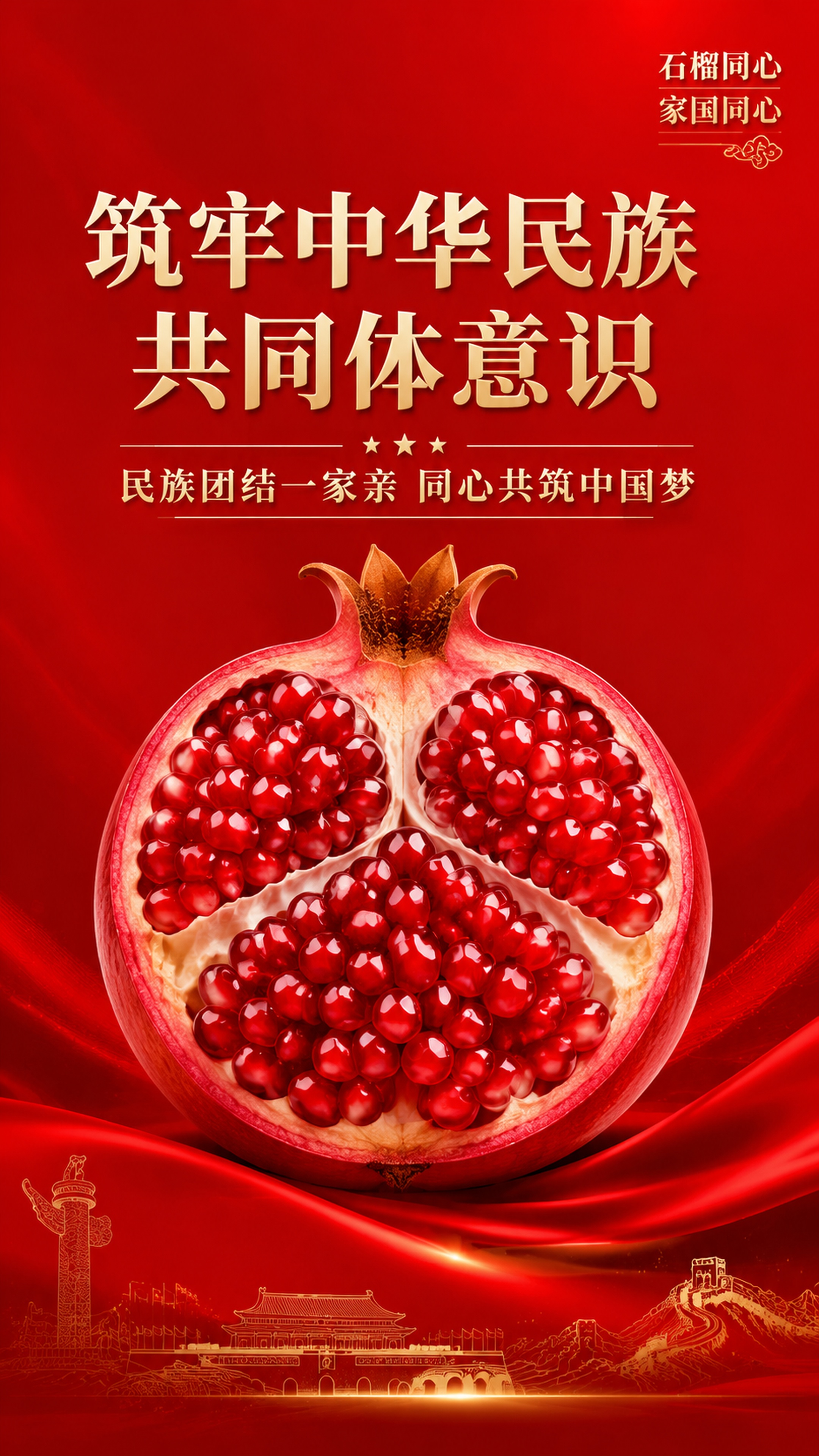 正式大气宣传海报，稍浅中国红纯色背景，画面中心设计饱满的石榴图… - 图片创意预览