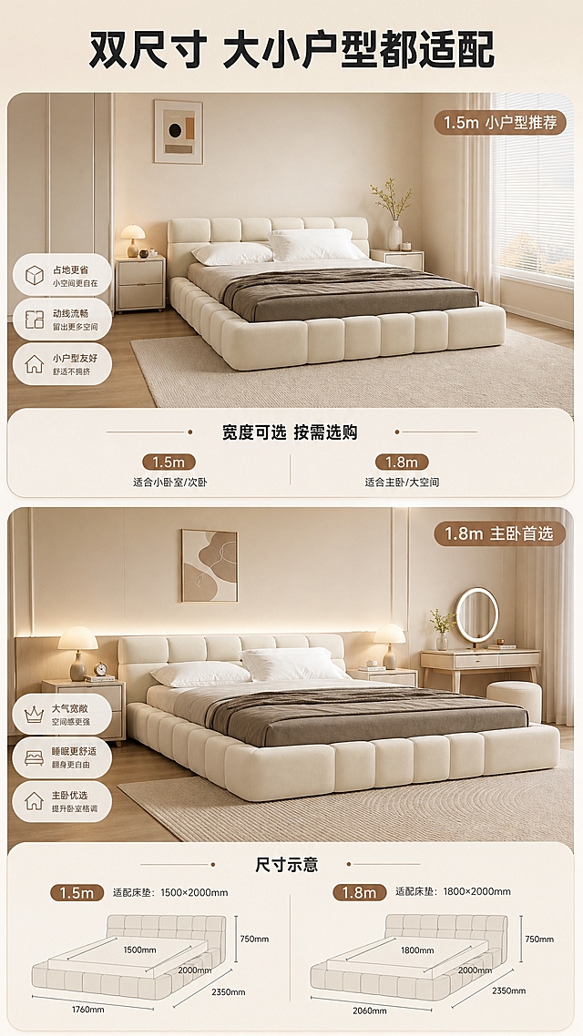 [商品] 使用【图1】M2527肌肉床；保留床体结构、分段床头、落地围边、浅米白色布艺材质；本页展示双尺寸：上方为1.5m版本（小户型场景），下方为1.8m版本（主卧场景），两款结构造型完全一致，仅尺寸不同。
[画面] 页面目标：空间尺度——1.5m/1.8m双尺寸适配展示，小户型与主卧都能放。上下分区竖版构图，上半区展示1.5m版本在紧凑卧室场景，下半区展示1.8m版本在宽敞主卧场景。每区各占约45%，中间为尺寸对比信息条。上区：小卧室场景，床两侧空间紧凑，配小型床头柜，突出"小户型也适配"；下区：大主卧场景，床两侧空间宽裕，配双床头柜+梳妆台，突出"主卧大气场"。
[视觉] 套系策略：风格=奶油风高级卧室商业摄影；标题字=现代无衬线粗黑体；正文字=简洁无衬线体；主色=奶油米白；背景延展=基于奶油米白做深浅层级、同色渐变和细腻织物/哑光墙面质感；强调色=奶茶棕，仅用于小面积图标、引线和标签；标题色=深炭灰；正文色=中暖灰；组件=圆角浅底信息卡、细线引线、胶囊形卖点框；光影=右前侧暖柔光，柔和漫反射。
[文字] 顶部通栏主标题"双尺寸 大小户型都适配"（11字）。上区右上角标"1.5m 小户型推荐"；下区右上角标"1.8m 主卧首选"。中间信息条写"宽度可选 按需选购"。底部加尺寸示意小图标。文字均为横排。
[规格] 图片比例9:16竖版，4K，避免变形、错字、文字过小、冷蓝/蓝灰背景、结构失真、极限词。