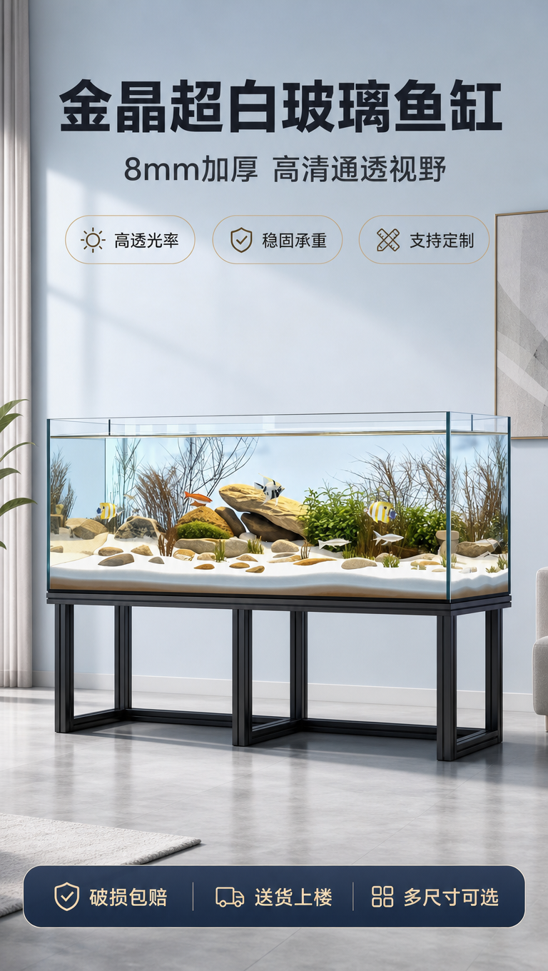 [商品] 使用【图1】长方形金晶超白玻璃鱼缸，配黑色金属支架；… - 图片创意预览