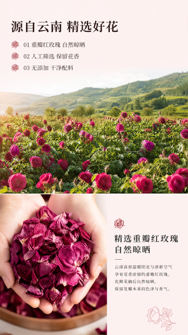 [第2屏] 成分产地屏-精选云南重瓣红玫瑰花茶原料展示。
[氛围/风格] 自然原生态质感，真实产地氛围感，柔和自然光，干净通透商业摄影。
[元素布局] 画面采用上下分栏结构，上半部分放置云南玫瑰园实景预览效果