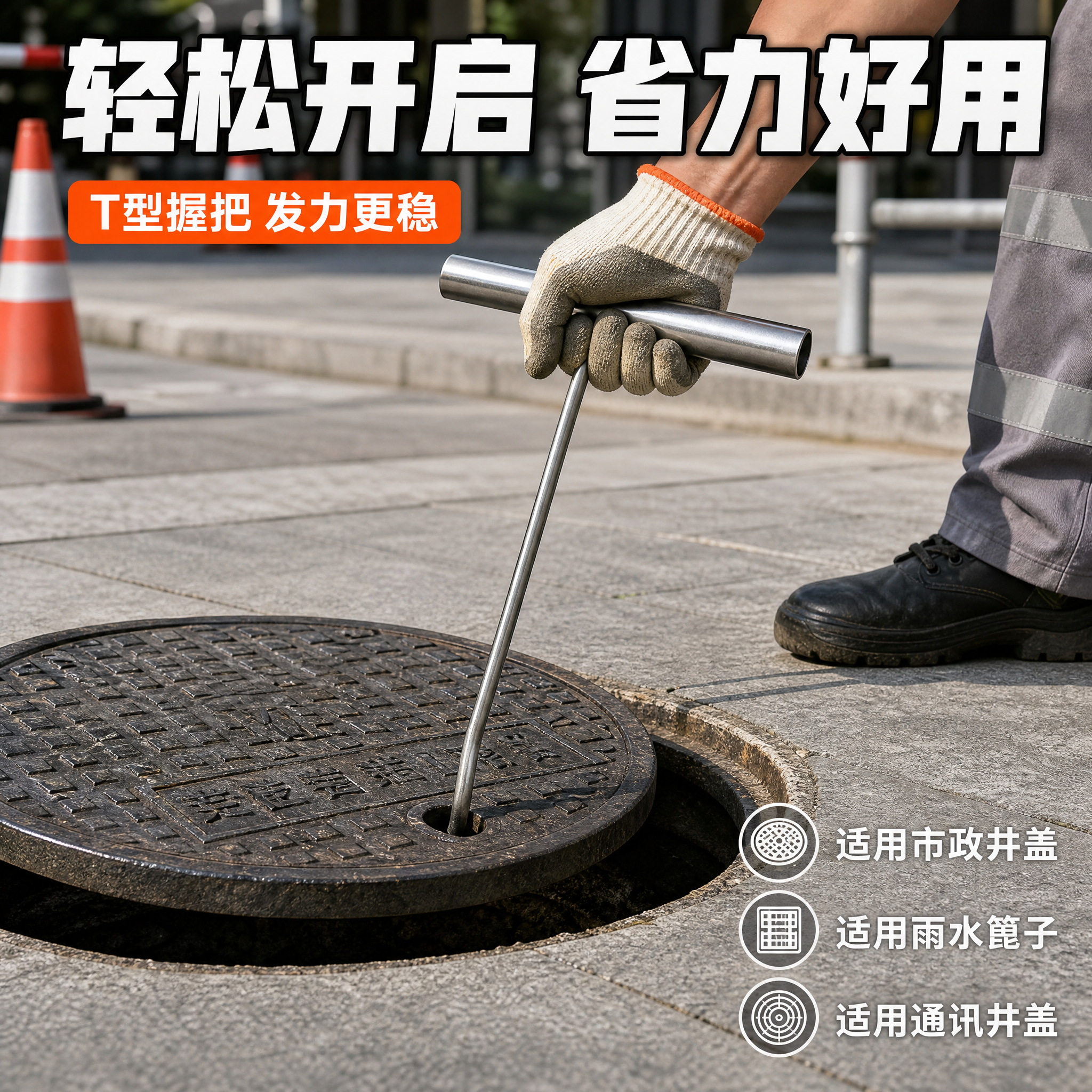 [主图4] 使用场景图，展示T型井盖钩开启井盖的实际操作，突出… - 图片创意预览