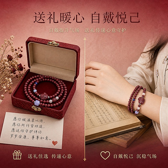 [商品] 使用【图1】紫金砂招财猫平安转运珠双圈手串；保留所有部件外观、颜色、材质和结构，不做任何二创修改。
[画面] 页面目标：送礼自戴两相宜，礼赠场景表达。构图：左右分栏，左侧为礼赠场景：手串放在一个打开的红色小锦盒中，旁边有一张手写贺卡和一枝干花，营造送礼仪式感。右侧为自戴场景：亚洲女性手腕佩戴手串，手轻抚一本古籍书。背景统一为酒红到裸粉渐变纸质感。中间用细金线分隔。景别：中景，左右双场景。阅读动线：从左到右。
[视觉] 套系策略：风格=高级国风珠宝商业摄影；标题字=纤细宋体类国风字体；正文字=简洁宋体；主色=酒红+裸粉渐变；背景延展=酒红到裸粉深浅渐变+纸质感肌理；强调色=紫金红；标题色=深酒红色；正文色=米金色；组件=礼物盒图标、心形图标；光影=暖调柔光，左右场景光影统一。
[文字] 画面顶部居中：主标题"送礼暖心 自戴悦己"，副标题"自戴提升气场 送礼传递心意守护"；左侧下方配"送礼佳选 传递心意"+礼物图标；右侧下方配"自戴悦己 沉稳气场"+心形图标。
[规格] 1:1正方形，2K分辨率，medium质量。负向：变形、错字、模糊、杂乱、水印、平台Logo、手部畸形、产品外观改变。