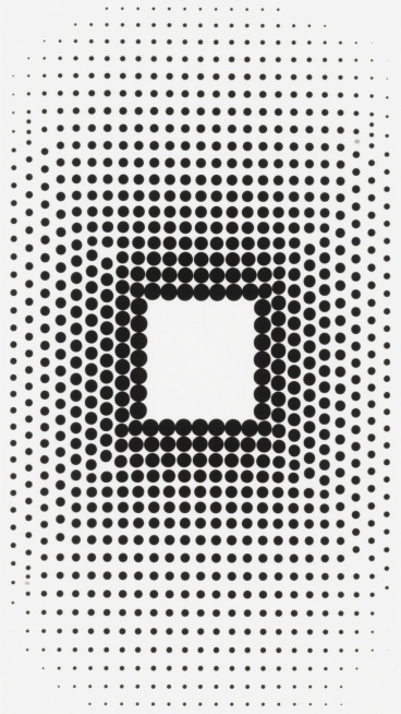 极简主义风格的半色调图案，白色背景，由大小均匀的黑色圆点组成，圆点从边框向中心逐渐变小直至消失，形成中心留白的正方形区域，整体呈现出对称的渐变效果，黑白对比鲜明，具有强烈的几何美感和现代设计感，无任何文字或logo元素。预览效果