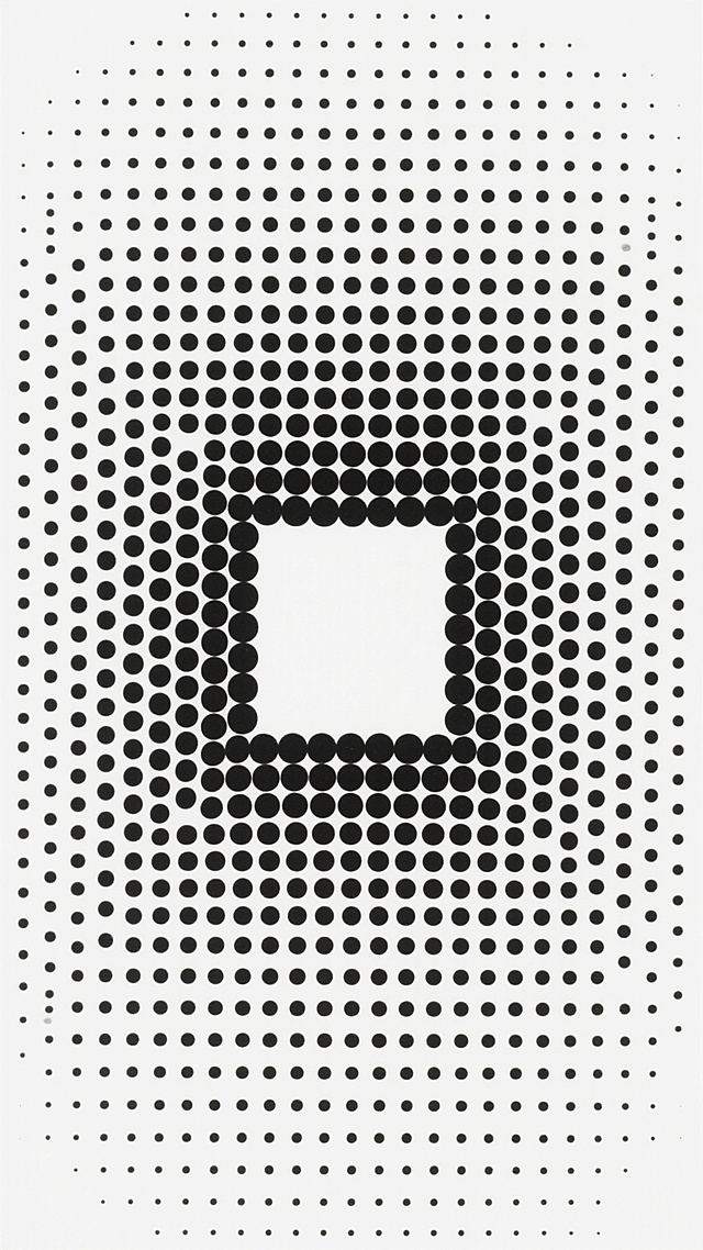 极简主义风格的半色调图案，白色背景，由大小均匀的黑色圆点组成，圆点从边框向中心逐渐变小直至消失，形成中心留白的正方形区域，整体呈现出对称的渐变效果，黑白对比鲜明，具有强烈的几何美感和现代设计感，无任何文字或logo元素。