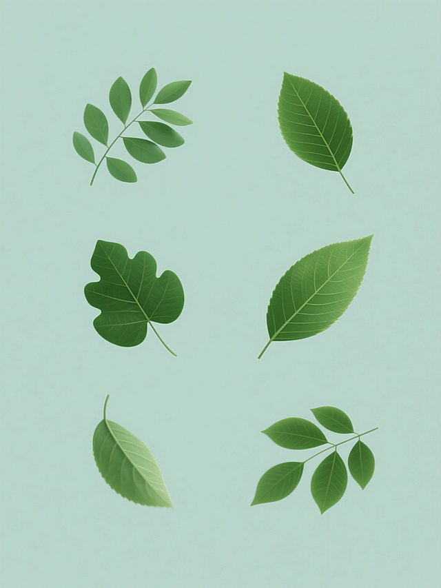 纯色背景上，保持清新自然的设计风格，将画面整体色彩调整为统一协调的色调，保留绿色叶子的核心元素内容，生成6个具有完全不同造型和飘落角度的叶子系列素材集合，所有素材规整排布。