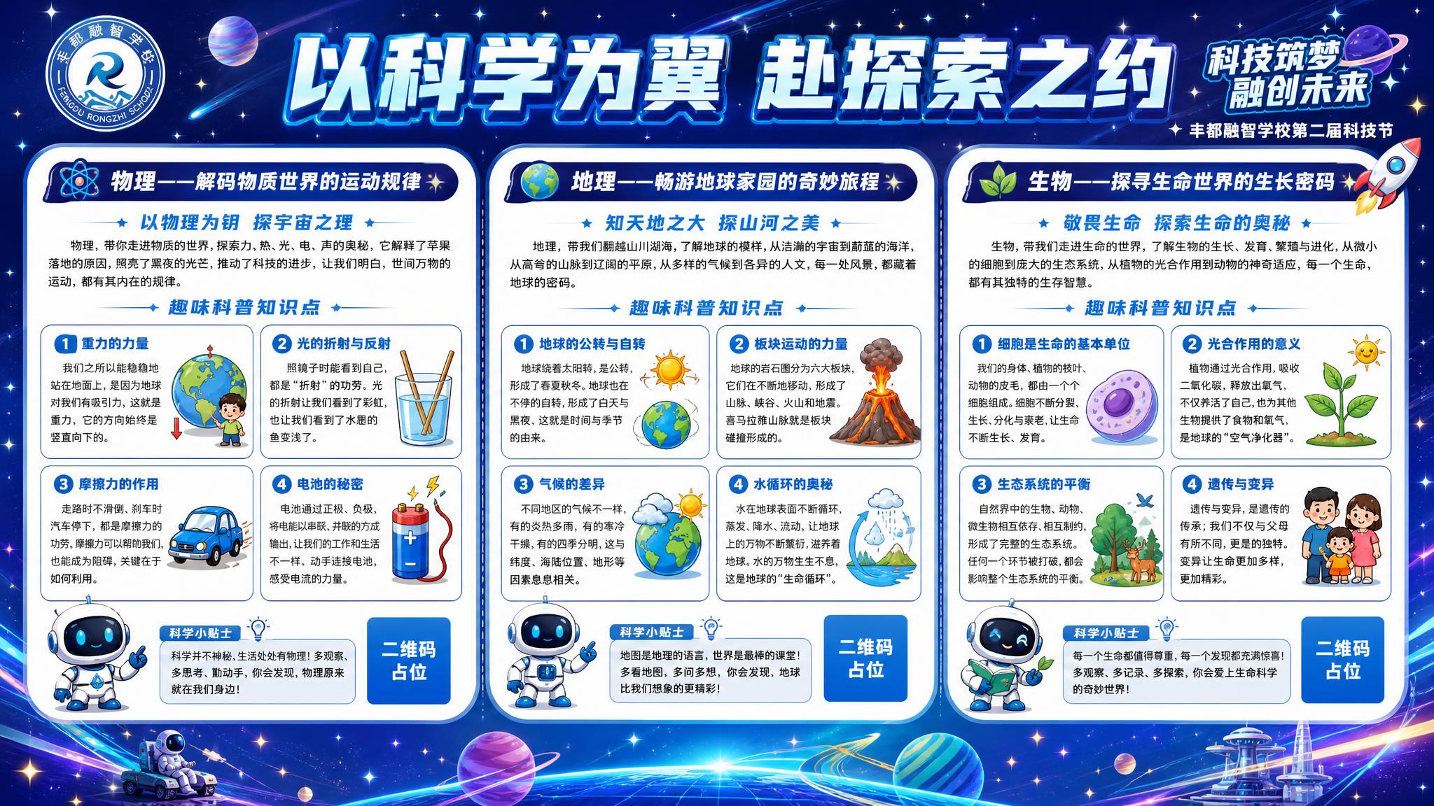 参考图的版式骨架和深蓝科技星空风格，重新生成一张校园科技节科普… - 图片创意预览