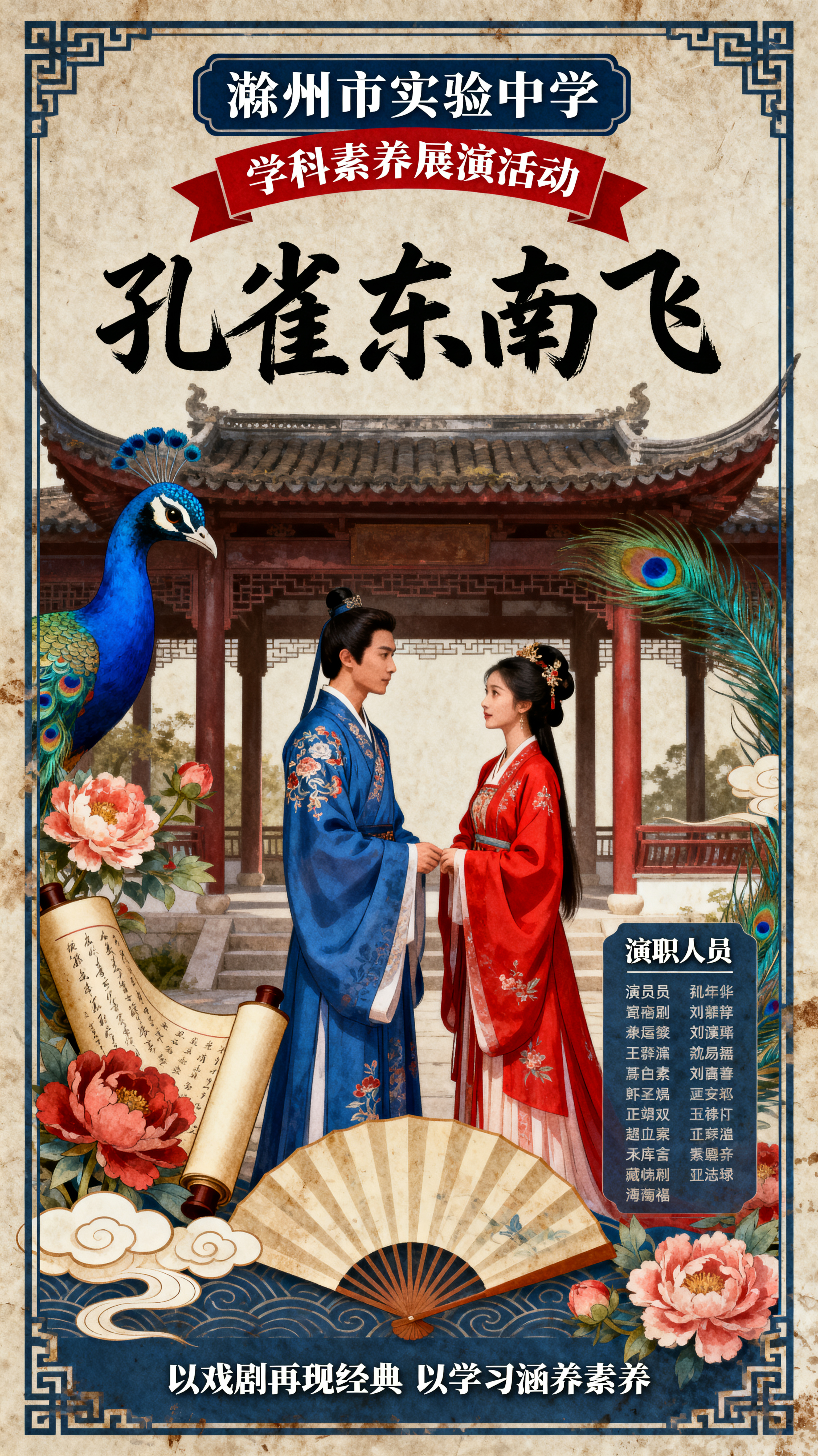 为校园戏剧展演制作中国风复古海报，主题为"孔雀东南飞"，整体是… - 图片创意预览