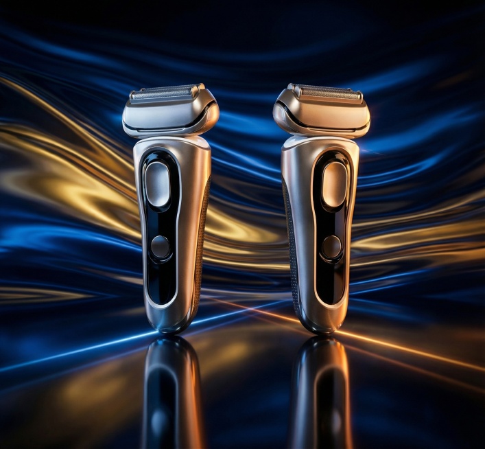 主体为两台电动剃须刀，场景设定在带有蓝金渐变流动质感的抽象背景前，放置于反光深色台面上；风格为高端商业产品摄影，写实精致；色调以深邃黑为基底，搭配蓝橙撞色光影，冷白灯光点缀；构图为正面平视视角，双产品预览效果