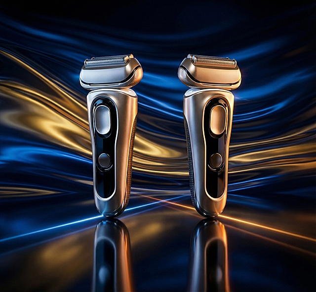 主体为两台电动剃须刀，场景设定在带有蓝金渐变流动质感的抽象背景前，放置于反光深色台面上；风格为高端商业产品摄影，写实精致；色调以深邃黑为基底，搭配蓝橙撞色光影，冷白灯光点缀；构图为正面平视视角，双产品对称摆放；细节补充：突出产品金属光泽与科技质感，背景光影营造高级氛围感