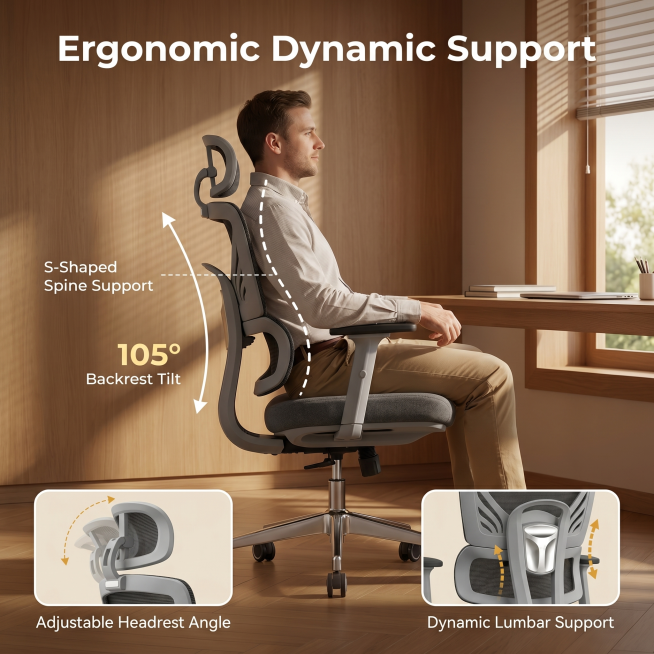 [Main Image 2] Office chair ergonomic support function display. Warm home office environment, soft n预览效果
