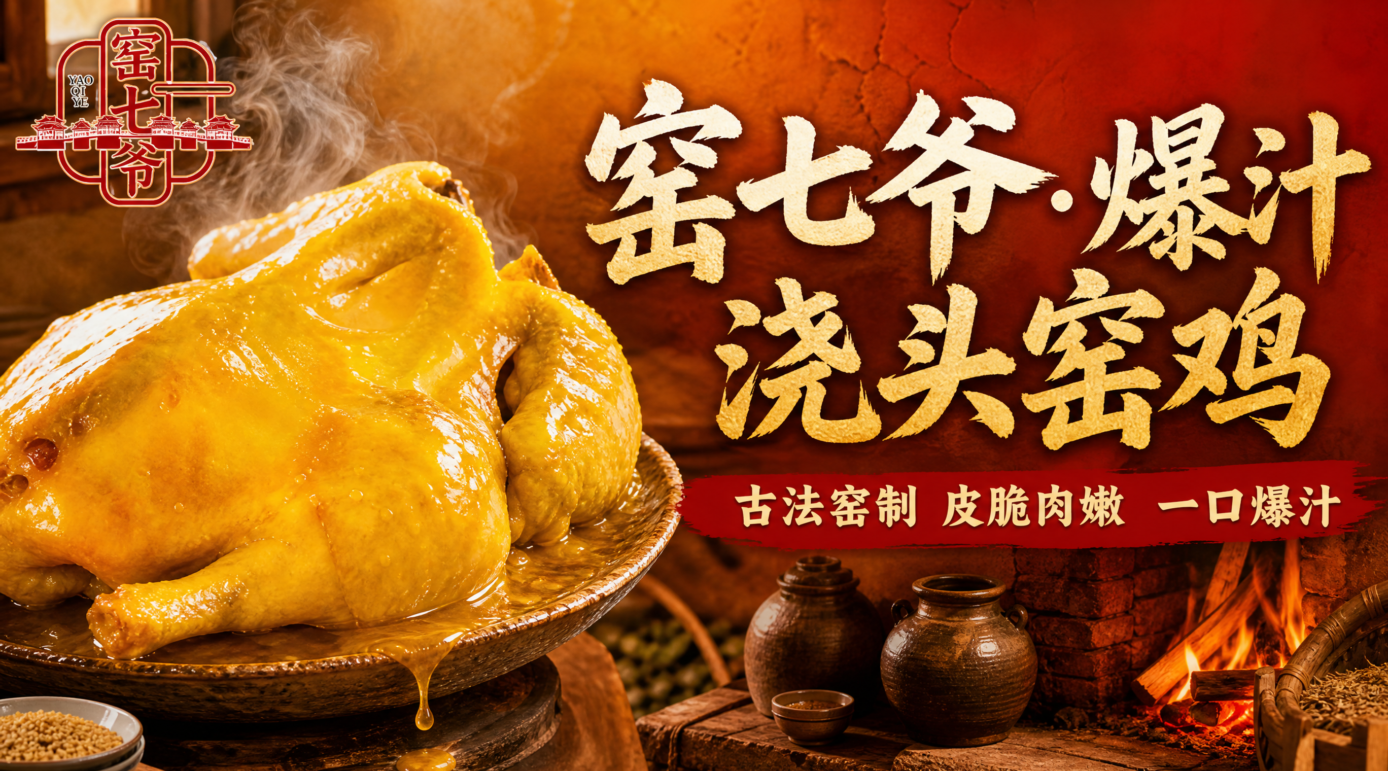 外卖店铺招牌设计，横版构图。画面左侧是半只金黄油亮的窑鸡特写，… - 图片创意预览