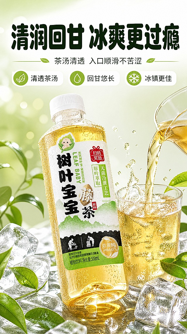 [商品] 使用【图1】树叶宝宝藤茶饮料；保留瓶身、标签、茶汤颜色全部原貌；本页做冰感清爽质地特写，瓶身带冷凝水珠。
[画面] 第3张·口感质地特写，冰感清爽型。画面中央产品瓶斜侧放置，瓶身布满细密冷凝水珠，晶莹剔透；旁边一只玻璃杯正在倒入金黄茶汤，液体流动形成优美弧线，溅起细微水花；周围散落冰块和新鲜藤茶叶；背景为渐变浅绿到白色的纯净背景，带柔和光斑；产品占画面约55%，突出清透质感与冰爽感。
[视觉] 套系策略：风格=拼多多接地气清新商业摄影风；标题字=粗黑圆润大字报体；正文字=简洁黑体；主色=清新草木绿+暖白色；背景延展=基于草木绿做深浅渐变、同色系卡片和柔和光斑；强调色=暖金黄，仅用于小面积标签、图标和高光点缀；标题色=深墨绿；正文色=深灰绿；组件=圆角白底信息卡、绿色胶囊标签、细线引线；光影=侧上方柔光，突出水珠与液体通透感。
[文字] 上方大主标题"清润回甘 冰爽更过瘾"，副标题"茶汤清透 入口顺滑不苦涩"；下方3个短句口感卖点：「清透茶汤」「回甘悠长」「冰镇更佳」；文字全部横向排版，位于画面上下区域，不遮挡瓶身核心标签，手机端清晰可读。
[规格] 图片比例9:16竖版，4K，负向提示：避免变形、文字过小、产品颜色改变、浑浊液体、竖排文字、二维码、平台Logo。
