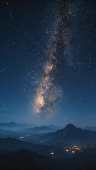 古风浪漫深情星河，俯瞰视角，一条银河从天际蜿蜒而下，连接天与地。远处有隐约的山峦与灯火微光。画面整体深邃梦幻，色调为深蓝与暗金，视角宏大，富有叙事感，无任何文字预览效果