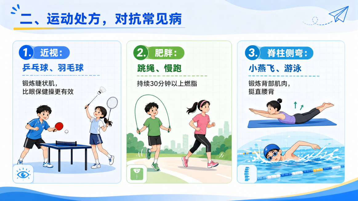 公开课PPT内容页，标题为"二、运动处方，对抗常见病"，内容分三栏：1. 近视：乒乓球、羽毛球——锻炼睫状肌，比眼保健操更有效；2. 肥胖：跳绳、慢跑——持续30分钟以上燃脂；3. 脊柱侧弯：小燕飞、预览效果