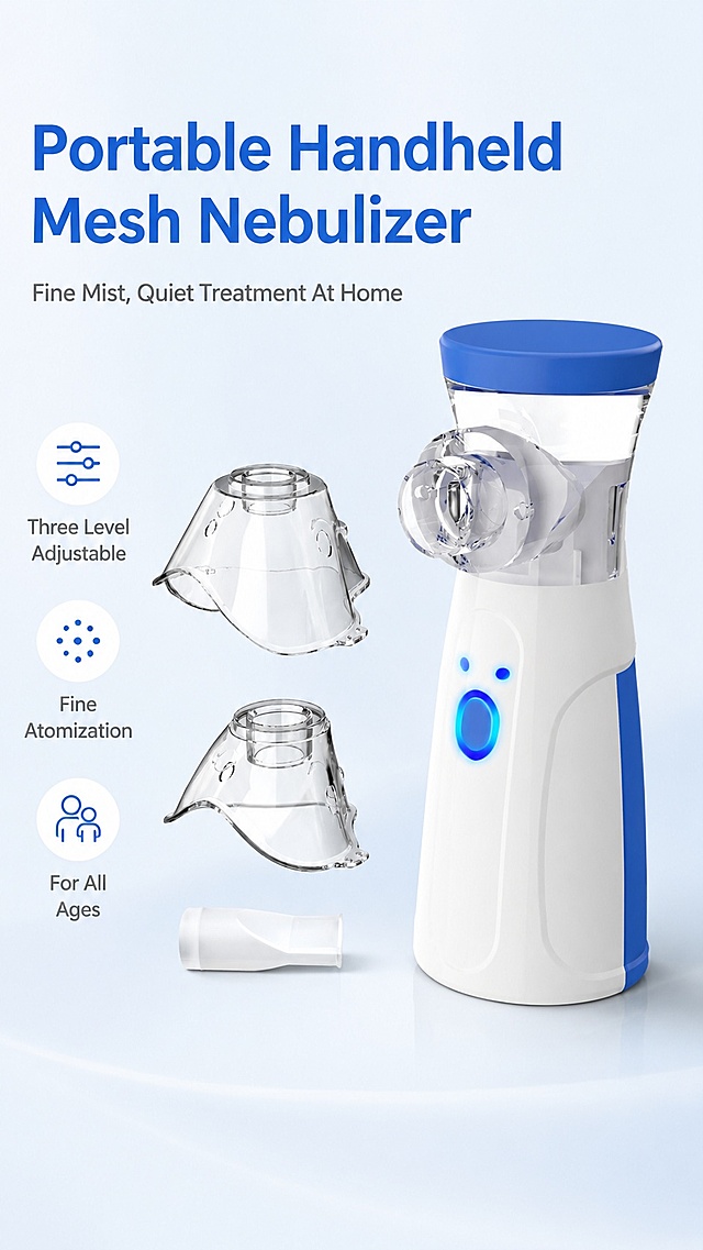 [Screen 1] This screen is the Amazon A+ detail page hero header, displaying the Portable Handheld Mesh Nebulizer. This screen uses [image1] as the product main body.  
[Atmosphere/Style] Clean minimalist professional medical style, soft light, commercial photography texture, objective and trustworthy. 
[Layout] Product placed at the right side, occupying 65% of the screen, the product structure, color and all parts are consistent with the input image. Left side retains the text area, with clean background.  
[Light & Shadow] Soft front lighting, clear shadow on the bottom right, highlight the product texture, overall bright and clean.  
[Color Scheme] Global background #f0f5fa, main color blue and white, auxiliary color light gray text.  
[Perspective & Composition] Front perspective, product as the visual center, reading flow: top title → left text → right product.  
[Text Layout] Top main title "Portable Handheld Mesh Nebulizer", subtitle "Fine Mist, Quiet Treatment At Home", all English with each main word capitalized. Three selling point labels: "Three Level Adjustable", "Fine Atomization", "For All Ages", text does not cover the main body.  
[Resolution & Ratio] 9:16 vertical, 4K resolution, text clear and legible, high definition.  
[Negative Prompt] deformed product, missing parts, wrong structure, color deviation, watermark, messy background, Chinese characters.