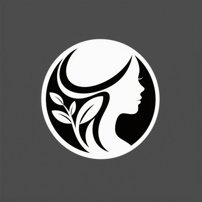极简风格logo设计，白色背景，圆形构图内包含抽象女性侧面轮廓与自然元素的创意组合，整体造型流畅优雅，采用全新的配色方案（非黑白），设计元素需体现美发工作室的行业属性与美感，保持简洁现代的视觉语言，确保标志具有高度识别性和专业感。预览效果
