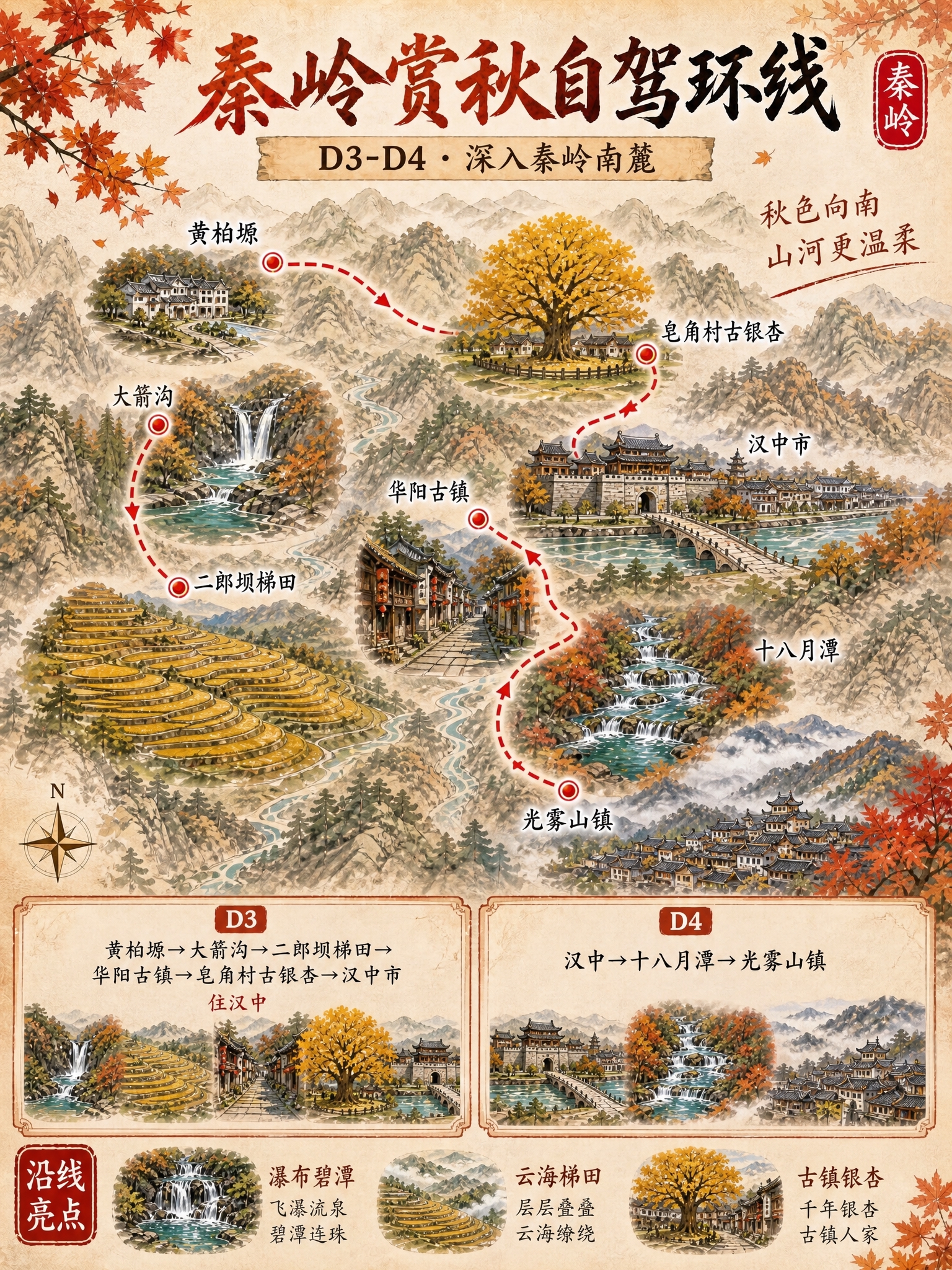 竖版3:4比例旅游攻略海报，国风水彩手绘地图风格，宣纸肌理米白… - 图片创意预览