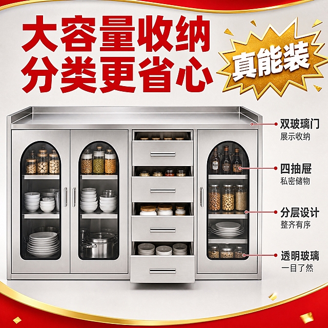 [主图-2] 主题：大容量收纳 分类更省心。唯一任务：重点展示三门四抽屉的大容量收纳结构，突出分类储物的实用性。
[统一基调] 拼多多风格，红金主色调，大字直白，高性价比，促销感强，整体画面饱满有冲击力，标题字体粗黑醒目，辅助文字清晰易读，用红色大标题+金色点缀+浅灰色背景的配色体系。
[画面] 产品为304不锈钢餐边柜/储物柜，整体呈银灰色不锈钢拉丝质感，顶部带挡水边台面，左侧双门拱形玻璃门，中间四抽屉配长条形不锈钢拉手，右侧单门拱形玻璃门，内部有层板，底部平整落地无支撑腿。产品正面展示，玻璃门内整齐摆放着餐具、碗碟、调料瓶等厨房用品，抽屉半拉开状态展示内部空间，柜内物品丰富但整齐，体现大容量收纳能力。画面左侧红色大标题，旁边配金色爆炸贴强调标签，右侧用引线标注各个储物区域的功能特点。产品外观、结构、材质、颜色与输入图完全一致，不得添加支撑腿，不得改变柜体形状。
[光影质感] 商业摄影质感，专业棚拍光，5500K中性白光，产品受光均匀立体感强，不锈钢表面高光干净，玻璃门通透清晰，内部物品光线充足。
[配色] 主色调红色+金色+浅灰色背景，标题红色粗体大字，强调标签金色底白字，引线标注深灰色，整体色彩对比强烈有冲击力。
[文字版式] 顶部大标题：大容量收纳 分类更省心，金色爆炸贴标签：真能装。引线标注四个卖点：双玻璃门 展示收纳 / 四抽屉 私密储物 / 分层设计 整齐有序 / 透明玻璃 一目了然。文字均为横排，字体粗黑醒目，大小层级分明，不遮挡产品主体关键部位。
[输出要求] 比例1:1，2K分辨率，文字清晰可读，产品清晰完整，无变形，无错字，无水印，无拼多多Logo，无价格数字，无具体尺寸数字，无绝对化用语。