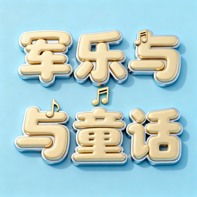干净的浅蓝色背景。3D立体艺术字体设计，"军乐与童话"，五个字单行横向排列，活泼童趣风格，加粗圆体字形，笔画饱满圆润。音符和小乐器元素嵌入笔画做装饰，整体立体厚实，柔和圆角倒角，浅金色主体带银色描边，预览效果