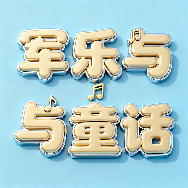 干净的浅蓝色背景。3D立体艺术字体设计，"军乐与童话"，五个字单行横向排列，活泼童趣风格，加粗圆体字形，笔画饱满圆润。音符和小乐器元素嵌入笔画做装饰，整体立体厚实，柔和圆角倒角，浅金色主体带银色描边，轻微投影。文字整体必须完整呈现在画面内不可被裁切，四周留有安全边距。比例1:1
