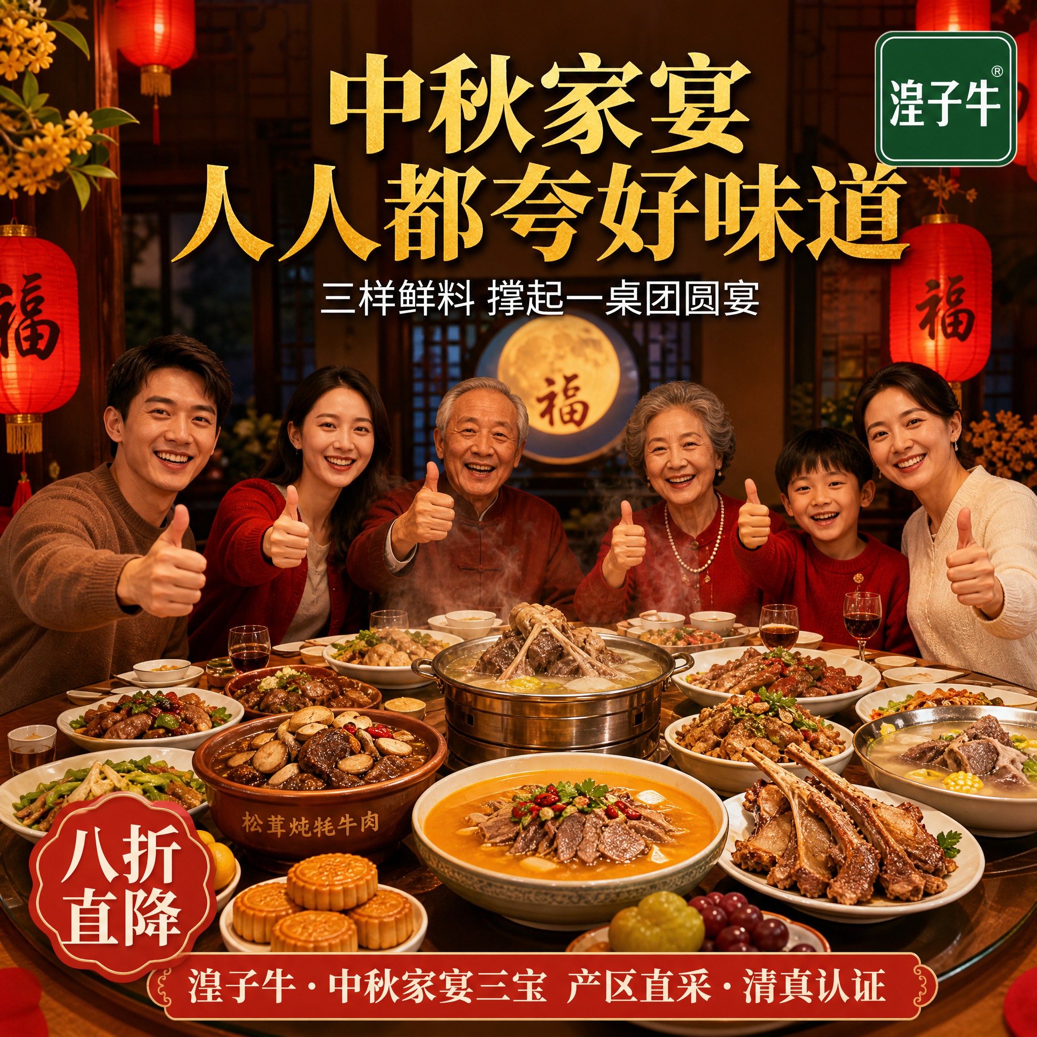 [主图-5重制] 中秋家庭聚餐场景图，一桌丰盛美食，一家人围坐… - 图片创意预览