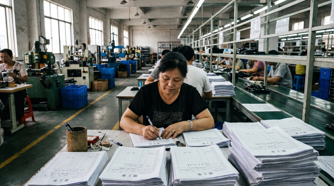 中国制造工厂车间，中国员工坐在工位上手工填写中文纸质报工单，桌上摆放多份填写好的单据，写实工业摄影风格预览效果