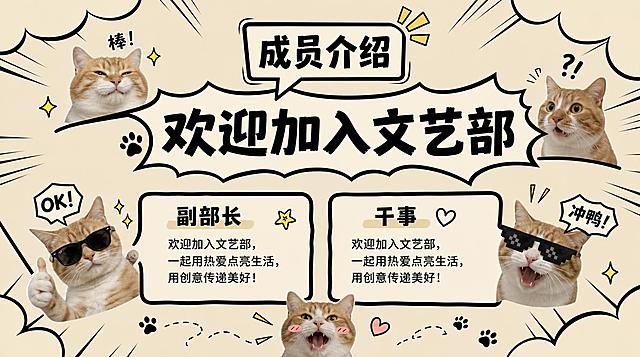 漫画风格PPT页面，成员介绍主题，包含副部长、干事介绍，猫咪表情包，米色背景，黑色描边对话框，文字内容为"欢迎加入文艺部"，保持可爱搞怪风格