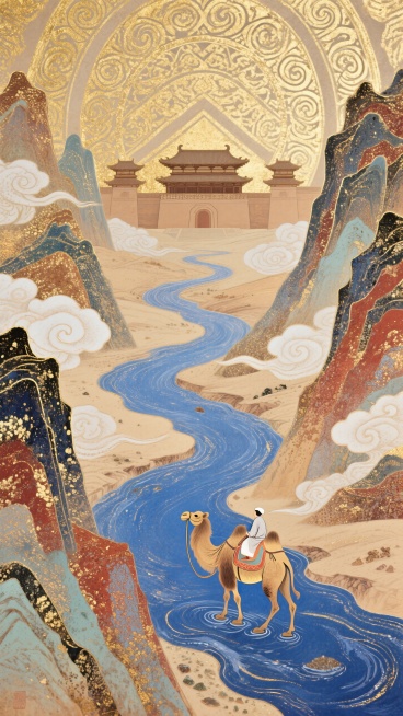 敦煌艺术，以青金石蓝、浅驼金、暖棕红为主色调，塑造蜿蜒如丝带的丝路河道，两侧山峦层叠，融入卷曲云纹 + 几何藻井纹样，远方古建筑（对称布局 + 浅棕配色），单人驼队精准放置于河道黄金分割点，整体营造东预览效果