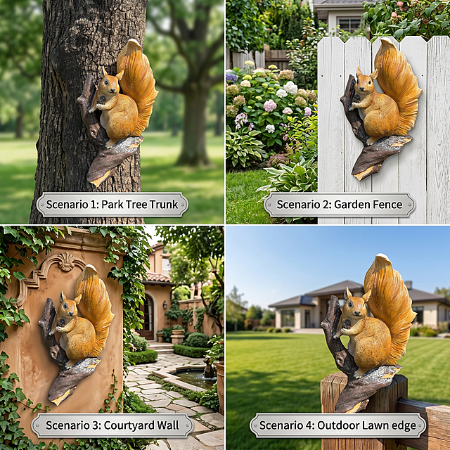 [Multi-Scenario Adaptation] Showcase the application scenarios of the squirrel tree hanging ornament. It can be hung on tree trunks, fences and courtyard walls, suitable for garden, villa courtyard, park, outdoor lawn and other occasions, adding natural fun and vitality. Keep the product appearance (physical structure, material texture, color) absolutely consistent with the input product image. With English text labels for different applicable locations, comply with Amazon cross-border platform specifications. 1:1 square, 2048x2048 2K resolution, natural bright light, layered sense, commercial outdoor photography. Negative prompt: deformation, watermark, text disorder, product image blur, messy background.