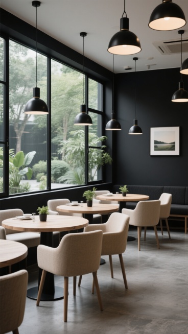 现代极简风格咖啡厅内部空间设计，深黑色哑光墙面搭配灰色水泥质感地面，大面积落地玻璃窗引入自然光线并展现窗外绿植景观，天花板悬挂多盏黑色金属吊灯散发柔和暖光，浅色木质圆形餐桌配米色布艺餐椅整齐排列，桌面摆放简约餐具与小型绿植装饰，墙面上挂有简约风景画，整体营造出宁静、高级且舒适的用餐氛围，空间布局通透，光影层次丰富，材质对比鲜明，具有强烈的现代设计感与质感。预览效果