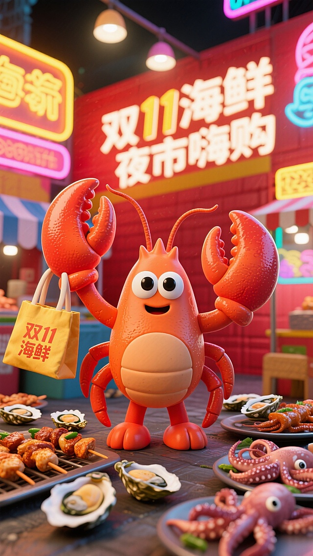 软3D风格拟人龙虾手持购物袋，置身霓虹灯闪烁的夜市，卡通感十足，充满双11海鲜促销的喜庆与趣味。
