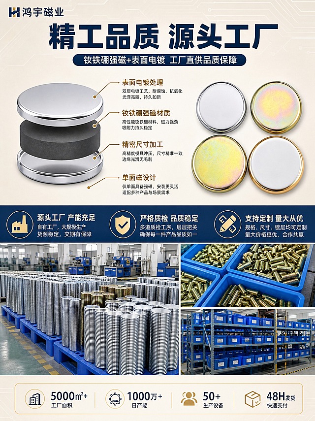 [商品] 使用【图2】【图4】【图6】圆形单面磁铁片产品；保留圆形磁铁的单面磁结构和银色/金色金属质感；精修增强金属表面光泽和边缘锐利度，突出单面磁工艺和工厂实力。
[画面] 页面目标：材质工艺+工厂实力解析，证明产品品质和工厂能力。上下分层构图，上半部分为产品材质/工艺展示，下半部分为工厂实力/生产场景。画面上方展示单面磁铁的结构示意，标注钕铁硼材质、表面电镀工艺、单面磁特点；下方展示工厂批量生产的磁铁堆叠/仓储场景，体现产能实力。背景为浅米色渐变，带细微科技纹理。左上角文字"鸿宇磁业"。
[视觉] 套系策略：风格=蓝金工业品质风，源头工厂专业感；标题字=现代粗黑体，厚重有力；正文字=简洁无衬线体；主色=深蓝色+米金色；背景延展=浅米色渐变底，带细微网格纹理；强调色=浅金色，用于引线、标注和图标；标题色=深蓝色；正文色=深灰色；组件=细线引线标注、圆角信息卡、浅金色图标；光影=均匀影棚光，金属质感清晰，工厂场景有真实工业感。
[文字] 顶部深蓝色大字标题写"精工品质 源头工厂"，副标题写"钕铁硼强磁+表面电镀 工厂直供品质保障"。工艺引线标注：钕铁硼强磁材质、表面电镀处理、精密尺寸加工、单面磁设计。下方工厂实力区配文字：源头工厂 产能充足、严格质检 品质稳定、支持定制 量大从优。文字全部横排，标注清晰。
[规格] 图片比例3:4竖版，2K分辨率，避免变形、错字、文字过小、结构示意不准确、材质失真、水印、平台Logo。