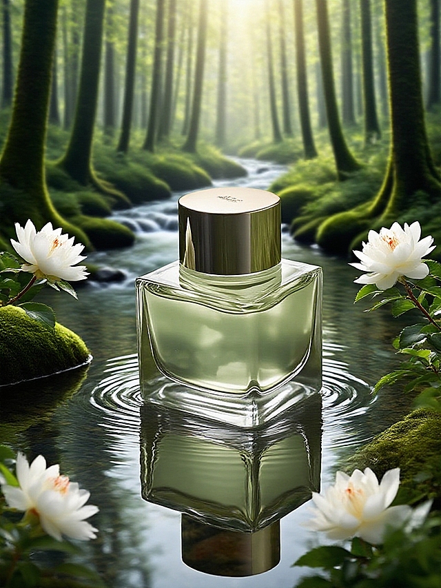 森林主题，有小溪倒影和白色山茶花，透明清爽的背景，光影，国风，景深