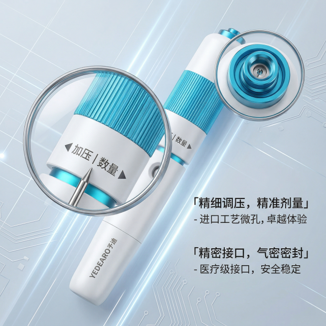 [主图 3] 予迪YEDEARO无针注射器细节展示主图，使用放大镜特效突出产品旋钮和接口部位的细节工艺，背景为浅灰蓝色渐变科技风，保持和前两张主图一致的风格。产品细节清晰展示，旁附精炼卖点文案说明，文预览效果