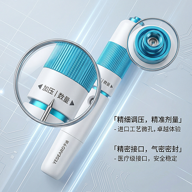 [主图 3] 予迪YEDEARO无针注射器细节展示主图，使用放大镜特效突出产品旋钮和接口部位的细节工艺，背景为浅灰蓝色渐变科技风，保持和前两张主图一致的风格。产品细节清晰展示，旁附精炼卖点文案说明，文字不遮挡主体。