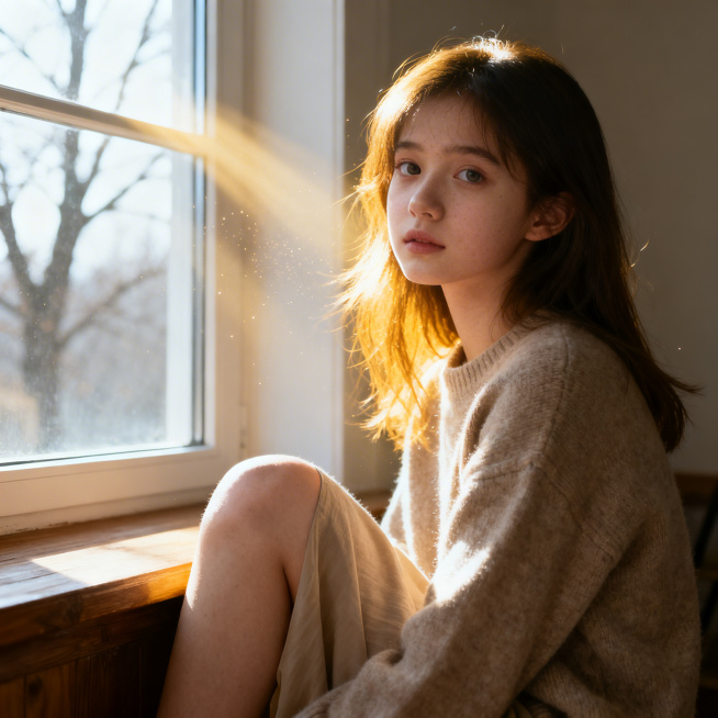 超写实人像，温柔少女，浅咖毛衣，窗边柔光，眼神干净，皮肤质感真实预览效果