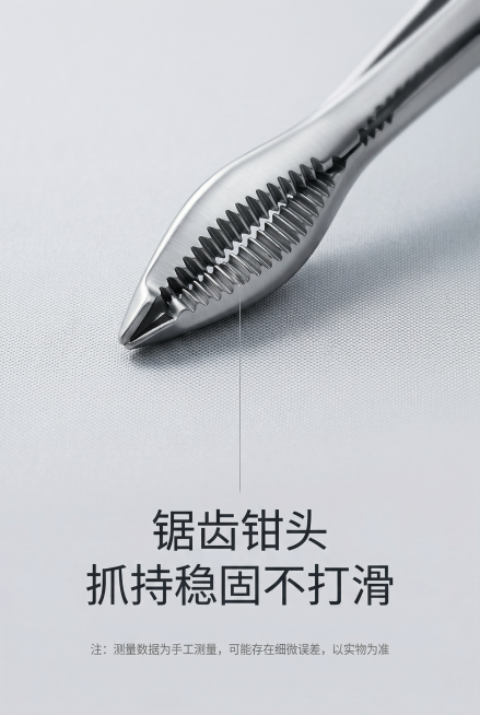 基于原图制作电商详情页第3页产品细节页，重点展示锯齿钳头部分，保留产品原样式不做修改，不替换产品，突出锯齿防滑不脱滑的特点，文字说明“锯齿钳头 抓持稳固不打滑”，设计高级简约，竖版电商风格预览效果