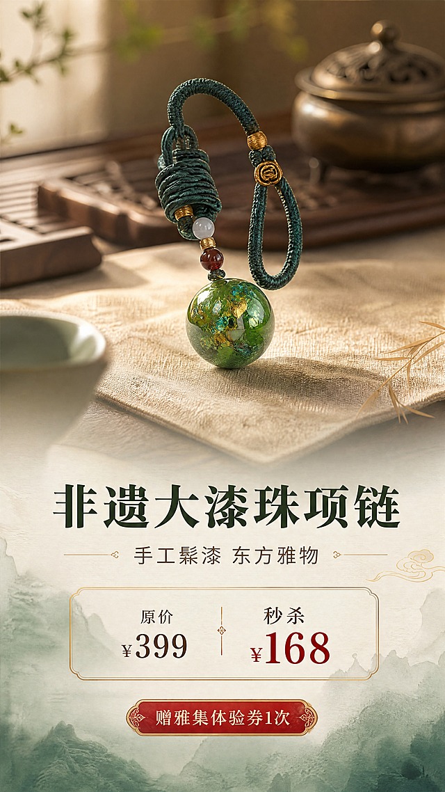 [商品] 使用【图1】上方深绿色大漆珠项链款式；保留大漆圆珠球形、绿金螺钿花纹肌理、墨绿色编织绳、金色隔珠、红色配珠、可调节绳结结构；商品处理：去除展示盒与价格标签，还原项链完整形态，增强大漆珠表面莹润光泽与金箔螺钿细腻纹理，绳结编织纹理清晰，不改变珠子大小和绳款结构。
[画面] 页面目标：氛围头图，突出东方雅致调性与秒杀利益点；构图：竖版上下分层，上半部分项链悬浮于禅意茶席场景中央，下半部分留白放文案；主体占比：项链占画面40%，位于画面中上黄金分割位；景别：中景；前中后景：前景虚化茶盏边缘，中景项链置于素色亚麻布上，后景虚化木质茶盘与香炉；场景：暖光茶室茶席，侧逆光勾勒大漆珠轮廓光晕。
[视觉] 套系策略：风格=东方雅致新中式商业摄影；标题字=宋体衬线粗体；正文字=简洁无衬线体；主色=墨绿+鎏金；背景延展=基于墨绿做深浅渐变、同色系晕染、宣纸/亚麻/木质肌理层次；强调色=朱砂红，仅用于小面积价格标签、引线和点缀图标；标题色=深墨绿；正文色=暖棕灰；组件=圆角金线信息卡、细金线引线、祥云纹点缀；光影=左前侧暖柔光+侧逆光轮廓光，温润通透。
[文字] 主标题「非遗大漆珠项链」，副标题「手工髹漆 东方雅物」，价格信息「原价¥399 秒杀¥168」，赠品标签「赠雅集体验券1次」；文字区位于画面下半部居中，层级清晰，价格用朱砂红高亮，不遮挡项链主体。
[规格] 图片比例9:16竖版，4K分辨率，负向提示：避免变形、错字、文字过小、冷蓝背景、珠子颜色改变、绳结结构失真、现代感过强、塑料质感。