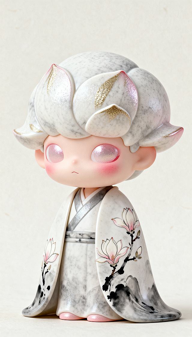 玉兰妖·白粉雾款潮玩手办，泡泡马特风格，3D立体Q版可爱造型，哑光树脂材质，表面仿玉兰花瓣纹理，呈烟白粉哑光质感，纹路处嵌浅金细闪，触感略带细腻颗粒，花瓣纹路带有层次阴影，面部颊边叠胭脂色反光，OC渲染器渲染，绢丝肌理面部染胭脂晕，搭配水墨晕染玉兰枝，身着绣玉兰花的明制披风，全身造型，极简主义，大留白中式留白背景，浅色背景，超现实主义潮玩风格