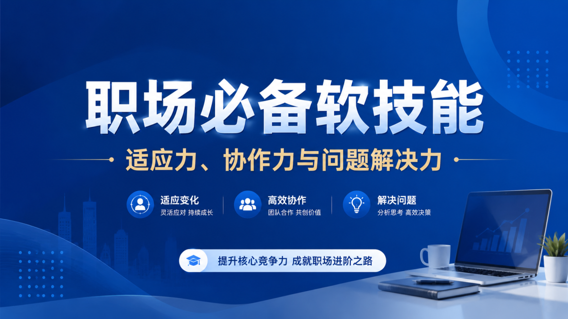 课程封面设计，主题是"职场必备软技能 适应力、协作力与问题解决力"，简约商务风格，蓝色调背景，专业稳重的设计，标题文字醒目居中，搭配极简职场办公元素，适合线上课程宣传预览效果